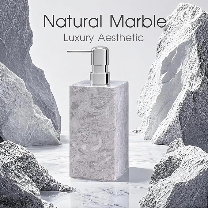 2 Set Real Natural Marble Soap Dispenser with Stainless Steel Pump – Decorative Liquid Hand Soap Bottle for Kitchen & Bathroom, Compatible with Lotion, Dish Soap & Shower Gel (Grey)