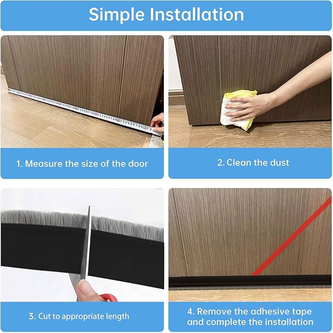 39-inch Door Draft Stopper with Brush - Adhesive Weather Stripping Seal for Exterior/Interior Doors | Under Door Sweep Blocks Drafts, Noise & Dust | Fits 1/4"-1" Gaps (Black)