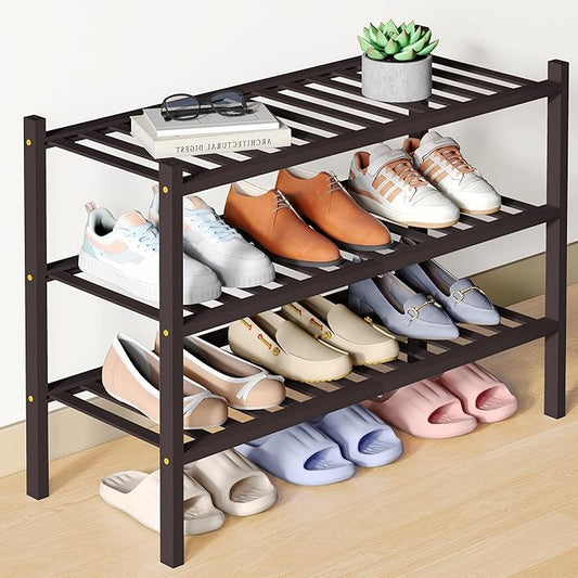 Smiry Bamboo Shoe Rack for Closet, 3 Tier Wooden Stackable Shoe Organizer, Free Standing Shoes Storage Shelf for Entryway, Front Door Entrance, Brown
