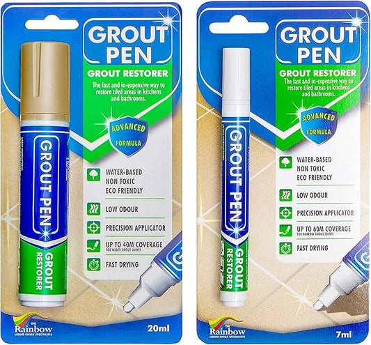 Grout Pen Tile Paint Marker: Waterproof Grout Colorant and Sealer Pen to Renew, Repair, and Refresh Tile Grout - Cleaner Coating Stain Pens - 2 Pack, 15mm Wide Beige and 5mm Narrow White Tip