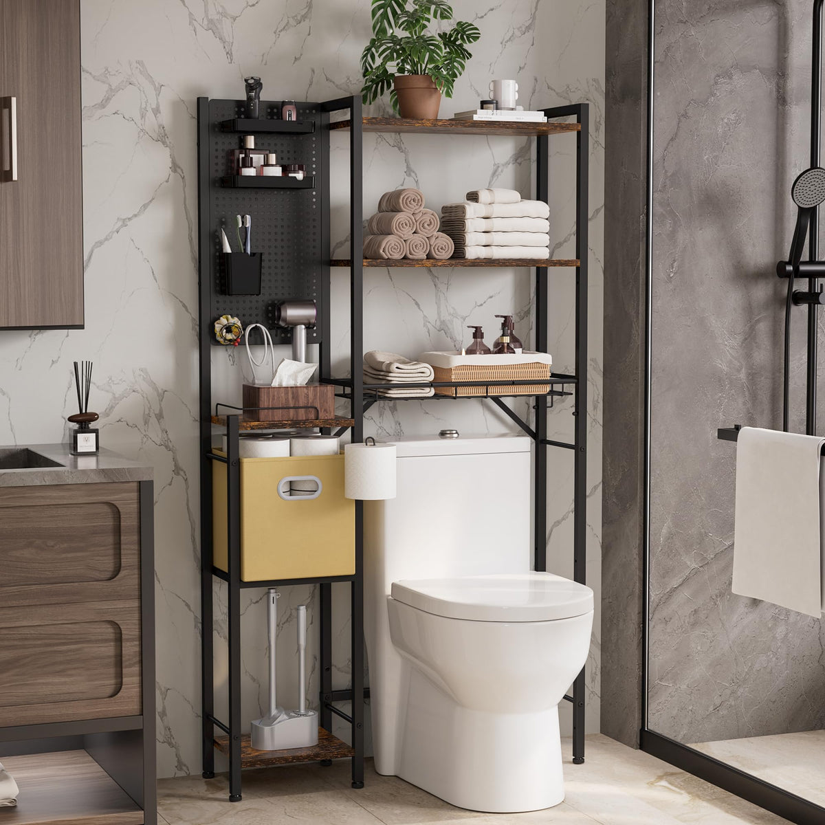 6-Tier Over the Toilet Storage Rack, Adjustable Wooden Shelf - Image 1