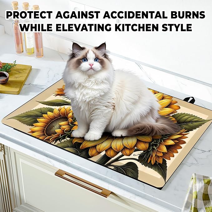 Stove Top Cover Flower Gas Stove Top Cover for Home Decoration Kitchen Pad Non-Stick Washable Cooktop Covers Countertop Protector Keep Stove Clean (Sunflower, 28L"x20W")