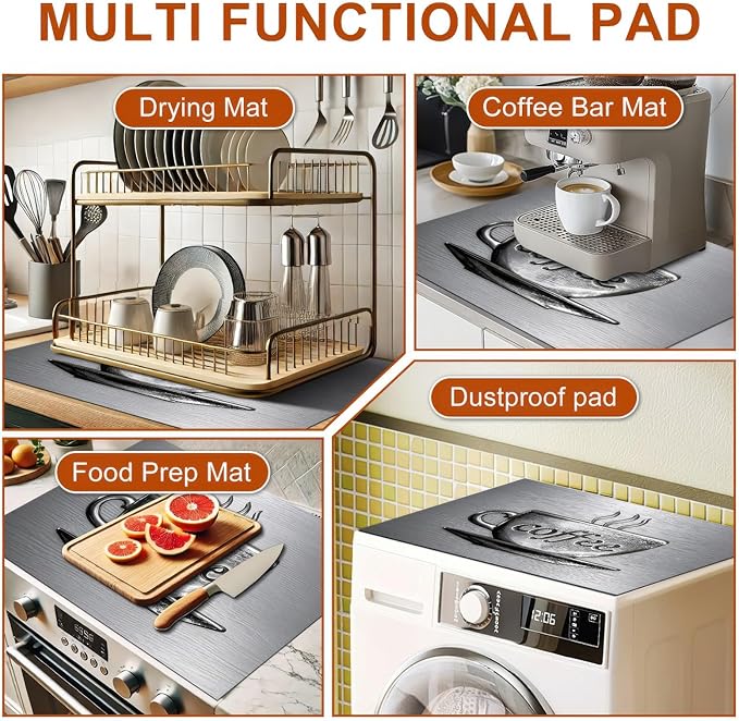 Stove Top Cover for Electric Coffee Cup Design Diatomite Stovetop Cover 28x20 Inch Heat Resistant Kitchen Coffee Bar Mat Sink Pad