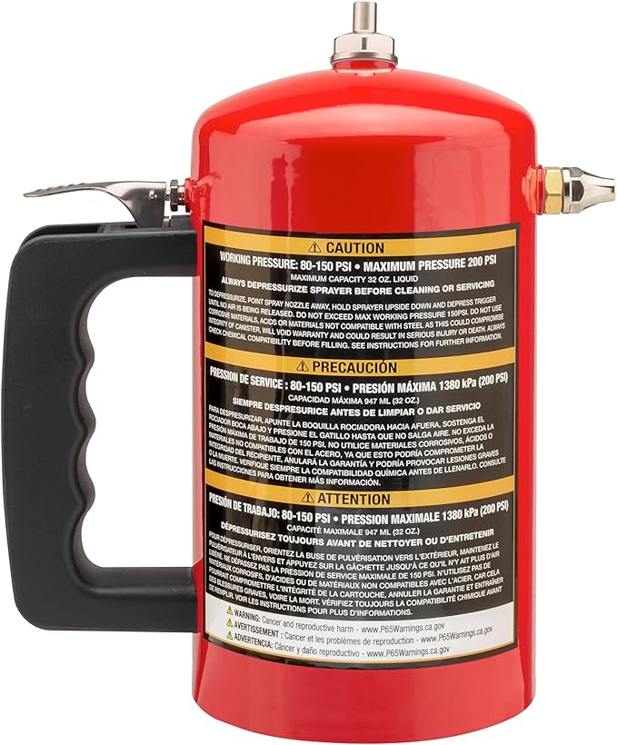 Powerbuilt 1 Quart Refillable Non-Aerosol Pressurized Sprayer for Oil, Lubricants, Degreasers - 32oz Canister with Brass Nozzles & Stainless-Steel Corrosion Resistant Inner Lining (Red) - 643090ECE