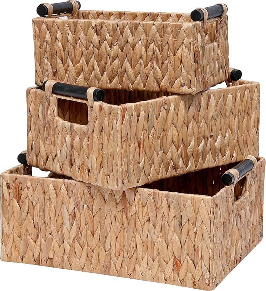 Storage Baskets 3 Pack Storage Baskets for Organizing Toys,Handwoven Storage Bins for Nursery,Natural Water Hyacinth Baskets for Organizing with Wooden Handles