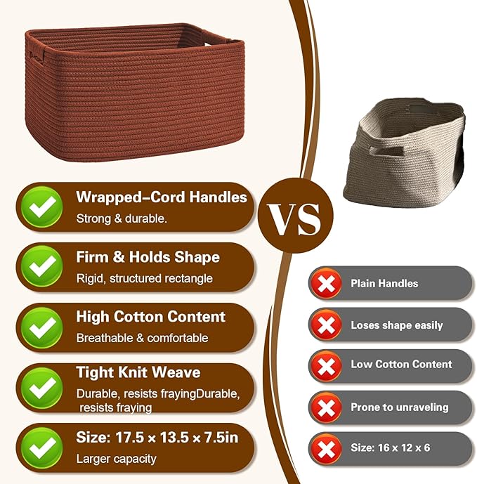 2 Pack Large Storage Basket for Organizing, 17.5"x13"x7" Woven Basket for Shelves, Closet Cube Storage Bins with Wrapped Handle, Cotton Rope Baskets for Kitchen, Clothes, Toys(Oxide Red)