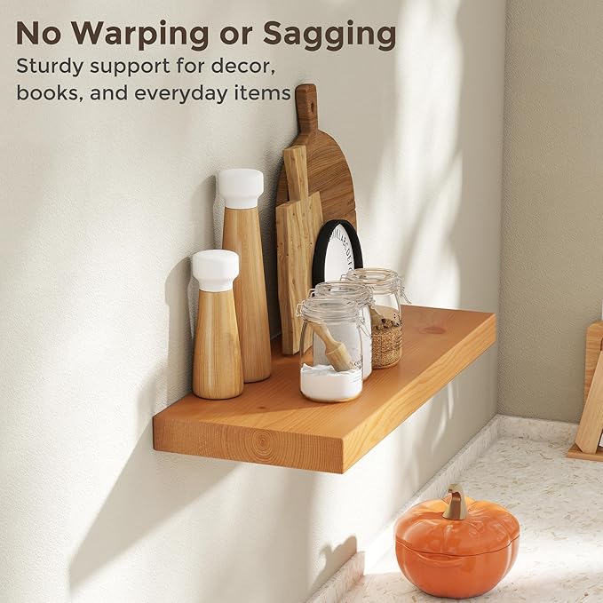 24 Inch Floating Shelves for Wall, 9.3" Deep USA-Sourced Solid Wood Wall Shelves with Heavy Duty Invisible Bracket, Nursery Storage Display Shelf for Living Room, Kitchem, Bedroom, Set of 2, Natural