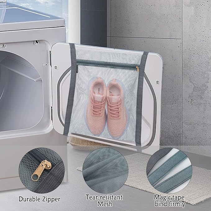 Shoe Drying Bag, Sneaker Bags for Dryer, Bag for Drying Shoes, Reusable Shoe Dryer Mesh Bags, Honeycomb Net Laundry Bags with Zipper & Strap for Washing Machine, Shoes, Clothing, 15.7x13.8 Inch, Grey