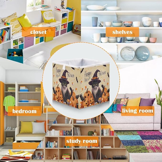 Bolaz A Stylish Cat in A Witch Hat Surrounded by Pumpkins Closet Organizers Storage Cubes Storage Bins Shelf Baskets Containers for Home Room Office,Square
