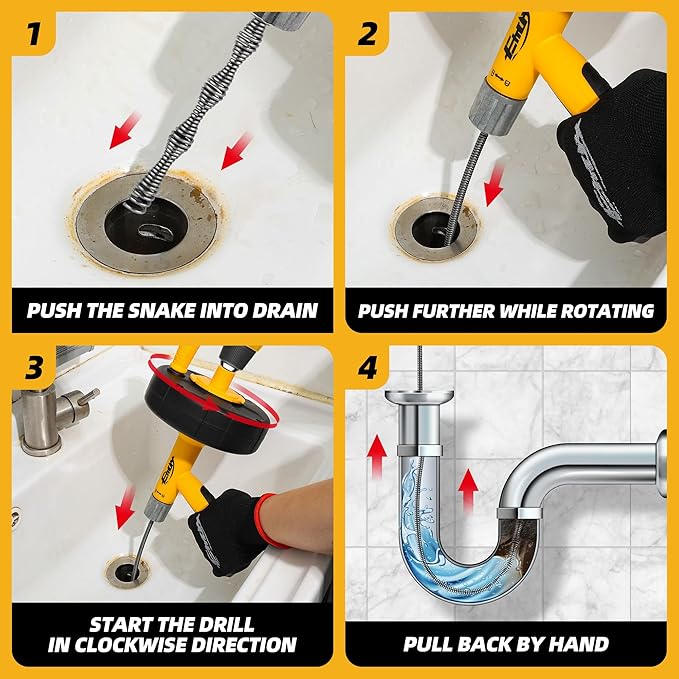 Drain Auger, Drain Snake with Drill Adapter, 25ft Plumbing Auger Heavy Duty Flexible Sink Steel Plumbing Auger Bathroom Hair Clog Removal Tool
