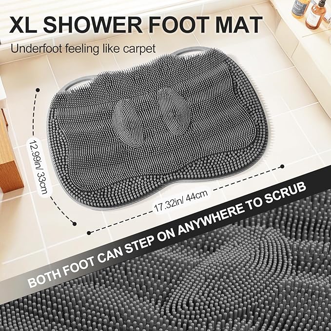 Shower Foot Scrubber Mat XL, Silicone Feet Toes Massage Cleaner -Upgraded Long Brush Pad Without Bending Non-Slip Suction Cups for Foot Bath Bathtub Exfoliate Smooth Skin 17.4x13 Grey