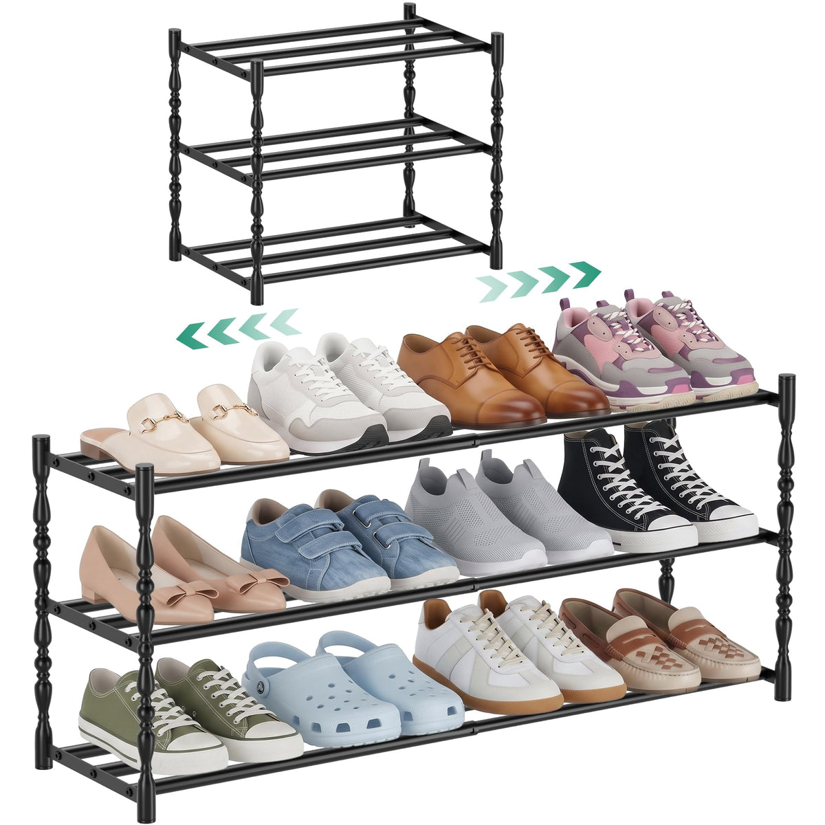 3 Tier Expandable Shoe Rack, Black Metal Storage Shelf - Image 1