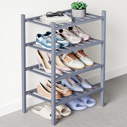 Smiry Bamboo Shoe Rack for Closet, 4 Tier Small Wooden Stackable Shoe Organizer, Free Standing Shoes Storage Shelf for Entryway, Front Door Entrance, Grey