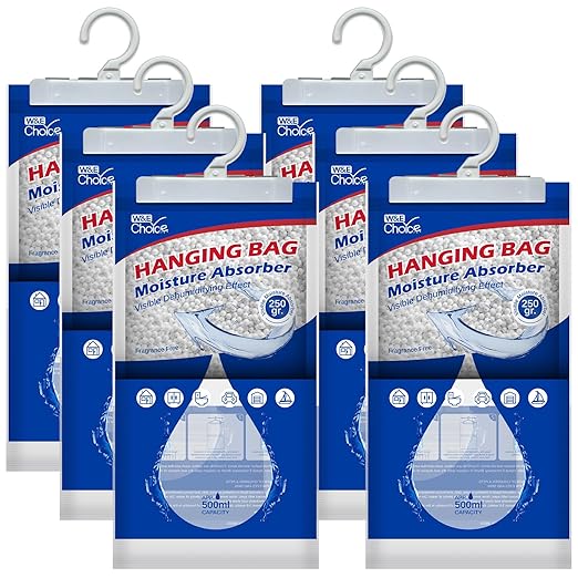 W&E Choice Moisture Absorbers Hanging Bag for Your Closet, Dehumidifier Bags for Bathroom, Fragrance Free Humidity Packs, 6 Pack