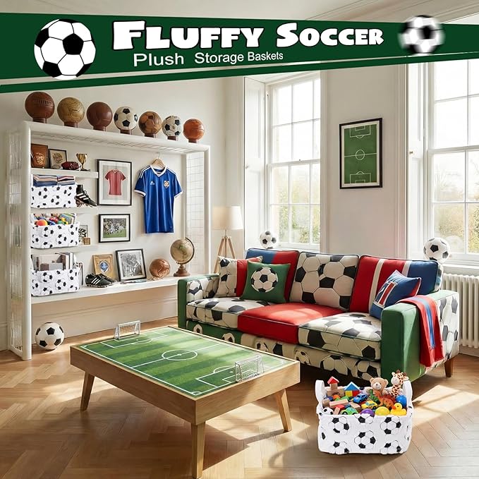 2 Pcs White Soccer Storage Baskets for Shelves 14x10 Inch Easter Basket Soccer Laundry Foldable Fluffy Storage Bin with Handle Home Decor Closet Organizer for Countertop Tabletop Car