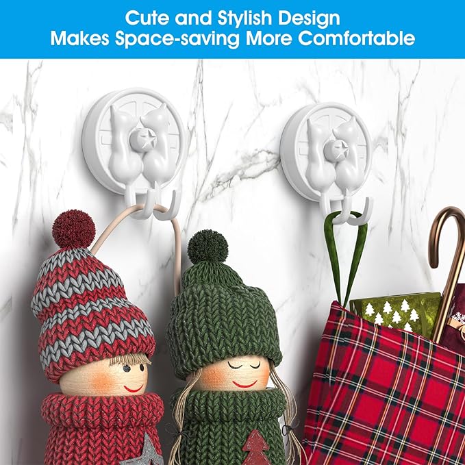 AST Cute Double-Cat Suction Cup Hook, 2 Pack, Heavy Duty Hooks, Upgraded Reliable Force of Both Adhesion and Vacuum, Wall Holders for Loofah, Towel, Coat and Bath Robe, Waterproof Hanger, Matte White