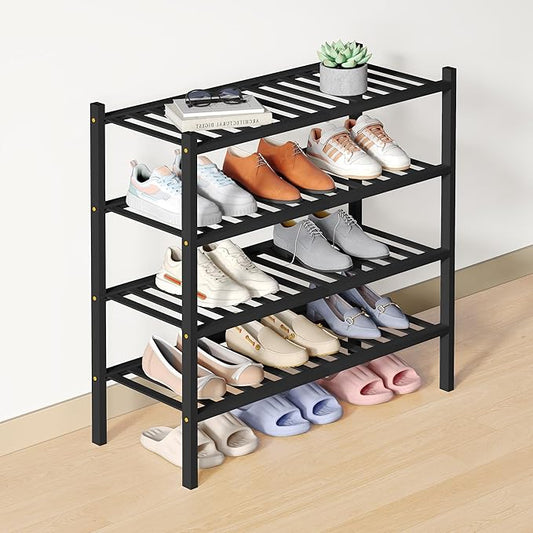 Smiry Bamboo Shoe Rack for Closet, 4 Tier Wooden Stackable Shoe Organizer, Free Standing Shoes Storage Shelf for Entryway, Front Door Entrance, Black