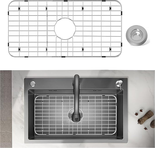 Stainless Steel Sink Protector 25-1/8" x 12-7/8" with Center Drain, Metal Sink Rack for Bottom of Sink, Kitchen Sink Grate and Sink Protectors with Sink Strainer (25-1/8" x 12-7/8" - Center Drain)