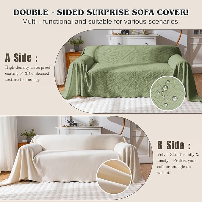 Waterproof Couch Cover, Reversible, Pet-Friendly, Washable and Anti-Slip Sofa Covers for Sofa Protection with 2 Cushions, Ideal Sofa Slipcovers for Dogs and Cats (71×102in/Green)