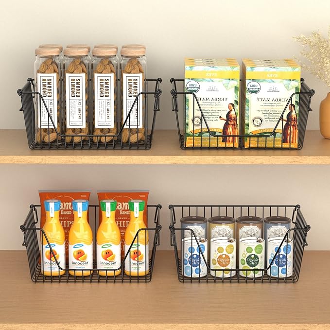 Slideep Wire Storage Baskets, Freezer Baskets Farmhouse Stackable Organizer Storage Bins Large Organizer for Storage, Office, Bathroom, Pantry Organization Storage with Handles 14" Black -Set of 3