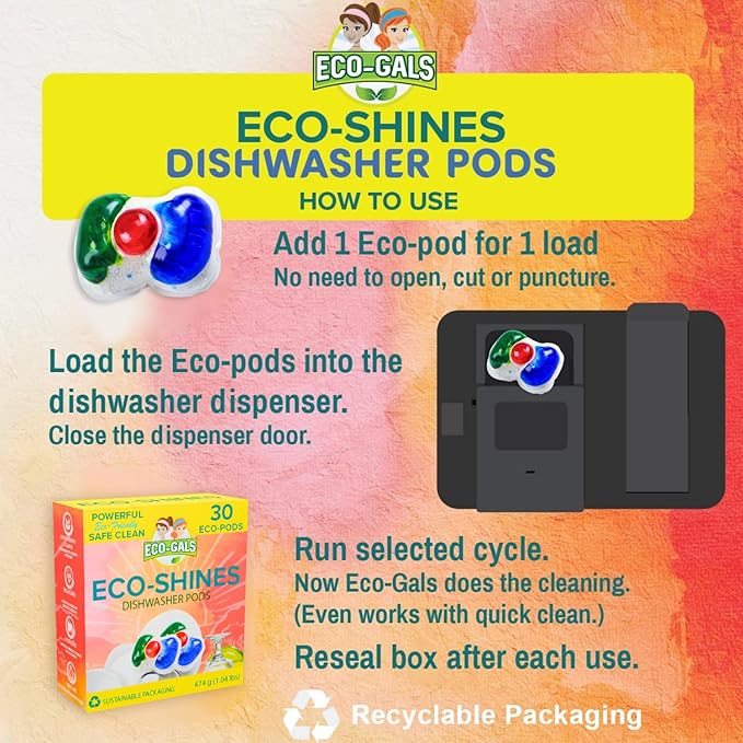 Eco Scrubz Deep Dishwasher Machine Cleaner Unscented, 12 Count Tablets - 1 Year Supply plus Eco-Shines Dishwasher Detergent Pods With 3 in 1 Power of Liquid, Powder, and Gel for Brig