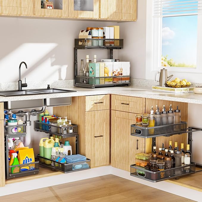 Under Sink Organizer, Height Adjustable 2 Tier Under Sink Organizers and Storage, Slide Out Metal Cabinet Organizers, Pull Out Sink Storage Drawer Shelf for Kitchen Bathroom Cabinet, Black, 2 Pack