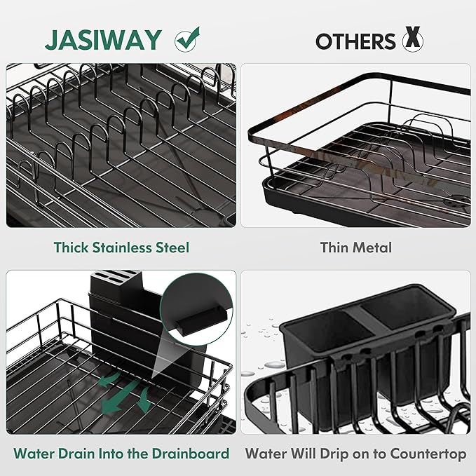 JASIWAY Black Stainless Steel Dish Drainers Drying Rack for Kitchen Counter with Drainboard, Rust Proof Metal, Space Saving, Modern Aesthetic, Compact Plates Strainers with Extra Mat