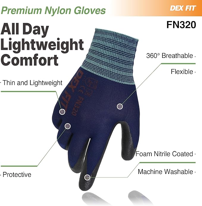 DEX FIT Premium Nylon Nitrile Work Gloves FN320, 12 Pairs, 3D-Comfort Stretchy Fit, Firm Grip, Thin & Lightweight, Durable, Breathable & Cool, Machine Washable; Navy 7 (S)