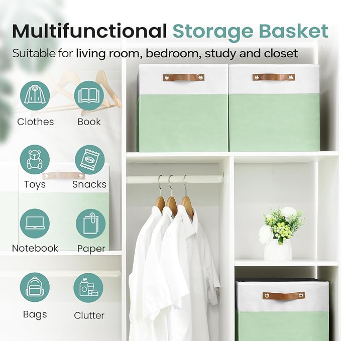 6-Pack Storage Cubes with Handles & Label Holders Basket, Closet Cube Home Organizer Bins(White/Green, 13 x 13 x 13 inch)