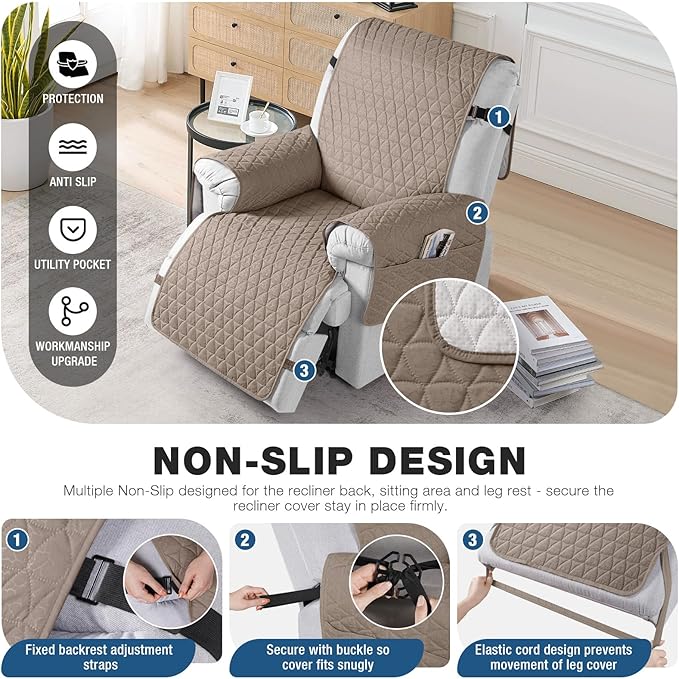 TAOCOCO 100% Waterproof Recliner Cover - Recliner Chair Cover with Non-Slip Granule, Elastic Band, Storage Pockets (Taupe, Large-28'')
