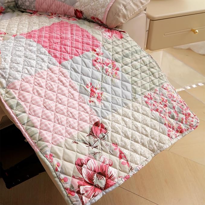 Cmfshape Skidproof Sofa Cover-Patchwork Sofa Slipcover with Elastic Straps-Easy Fit Slip Cover-Rose Washable Furniture Protector for Pets and Kids(Recliner,Pink&Grey)