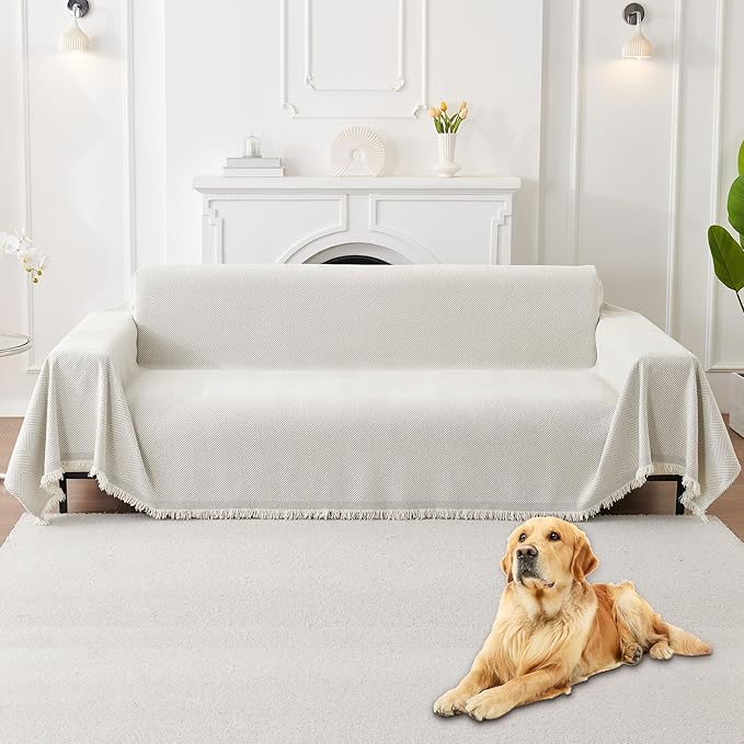 HAOMAIJIA Non Slip Couch Cover Sofa Covers for 3 Cushion Couch Washable sectional Couch Covers for Dogs pet Furniture Protector Couch Cover Blanket for Living Room (Off White, 71"x134")