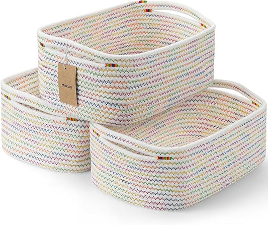 3-Pcs Shelf Baskets for Organizing, Closet Organizer Bins, Small Woven Baskets, Rope Toy Basket, Storage Basket for Shelves, Cube Decorative Box, 11.8×7.8×5.1”, Rainbow