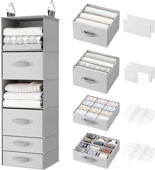Hanging Closet Organizer with Storage Drawers, Made of 600D Thickened Oxford Cloth, Washable, Tear-Resistant, Strong Load-Bearing Without Deformation (Light Gray)