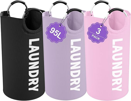 3Pack Folding Clothes Hamper with Handles, 95L Tall Laundry Basket Organizer, Durable Laundry Bags, Large Dirty Clothes Hamper for Family, Travelling, Camping, Purple + Pink + Black