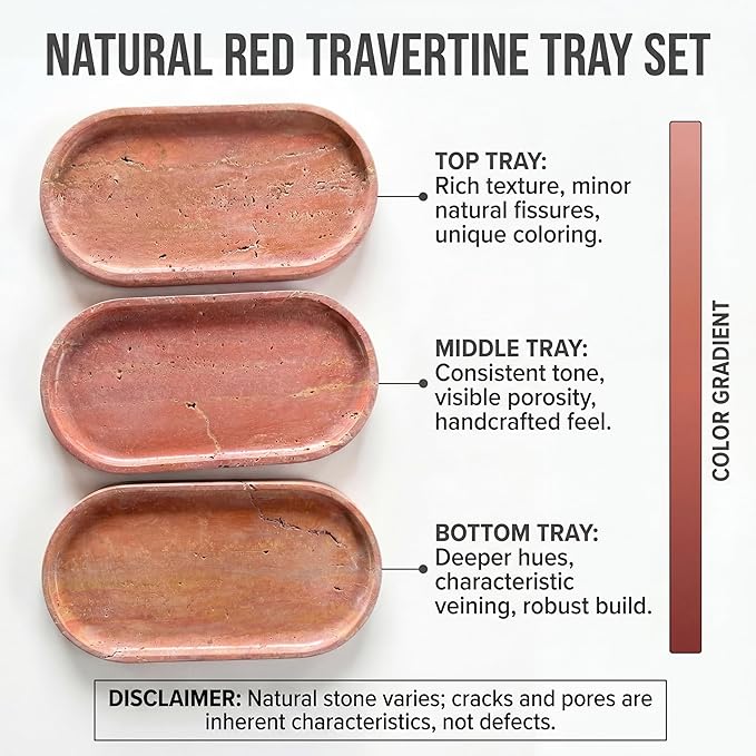 YKAJO Natural Red Limestone Vanity Tray - 100% Authentic Stone Decorative Catchall for Bathroom Counter, Perfume Organizer, Jewelry & Entryway Key Dish - Modern Home Decor, 11.6" x 5.9"