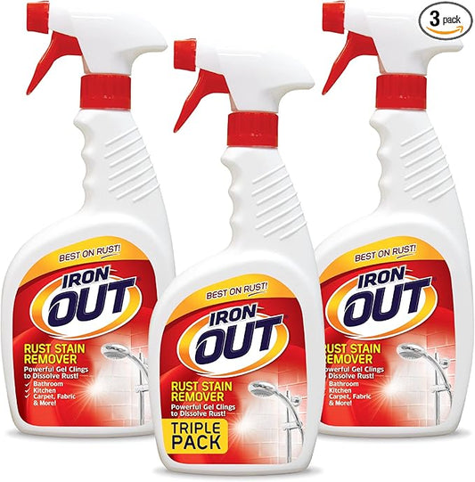 IRON OUT Rust Stain Remover Spray Gel, Removes Rust Stains in Bathrooms, Kitchens, Laundry, and Outdoors, No Scrubbing, Made in the USA, 24 Ounces, 3-Pack