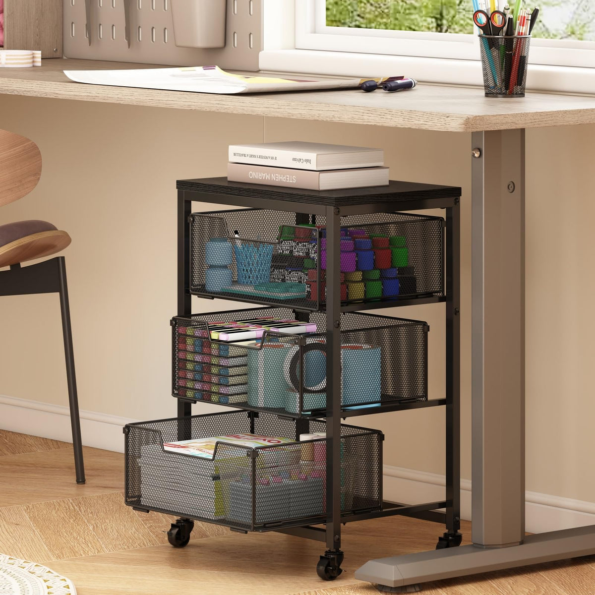 Under Desk Storage Cart with Lockable Wheels, 3-Drawer - Image 1