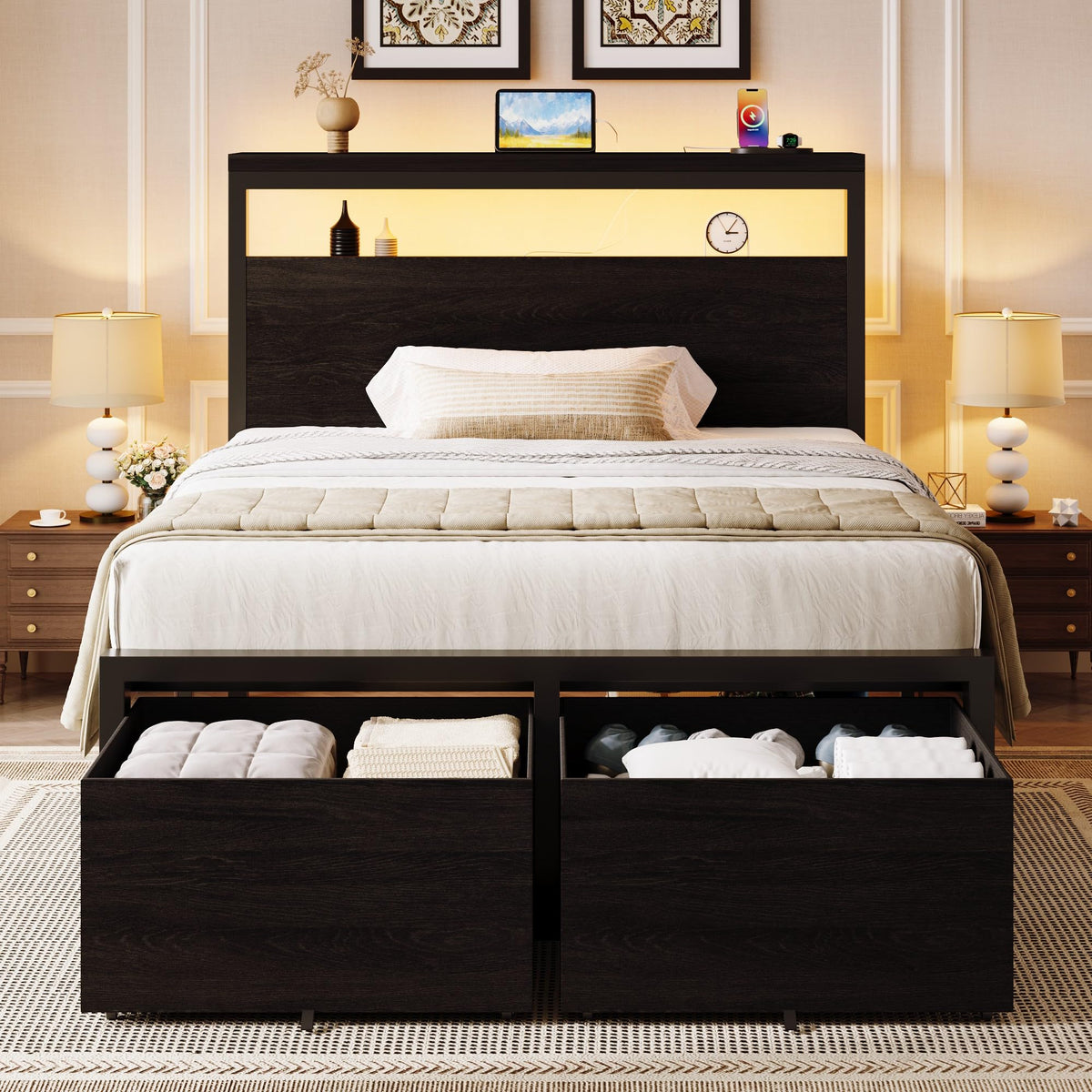 SHA CERLIN Twin LED Bed Frame, 2 Storage Drawers - Image 1