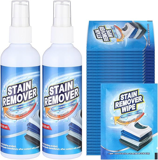 2 Pack 4 oz Stain Treater Spray Stain Remover Spray with 50 Cleaning Wipes Coffee Food Grease Dirt Remover for Clothes Carpet Couches Rugs Car Seats Fabric