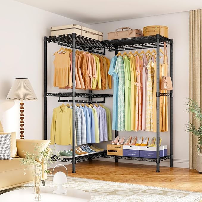 E15 Garment Rack L Shaped Clothes Rack for Corner，Freestanding Clothing Racks for Hanging Clothes，Heavy Duty Closet Organizer with 4 Hanging Rods & 8 S Hooks，43.3" W x 29.4" D x 78.4" H，Black