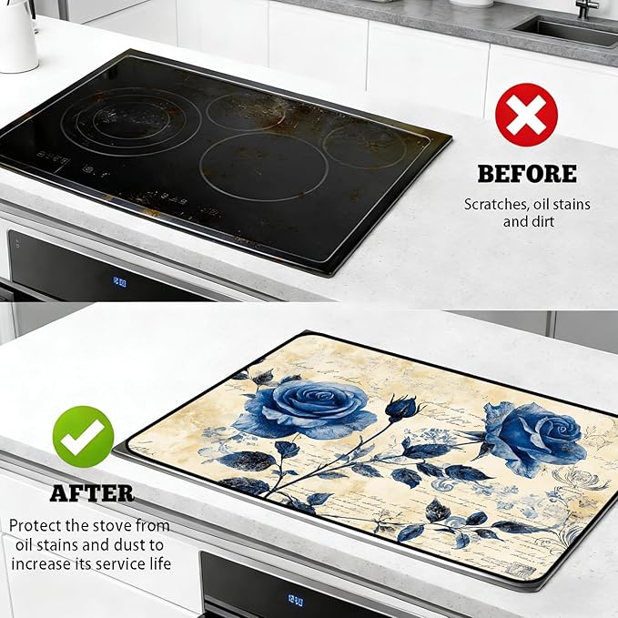 Glass Stove Top Covers for Electric Stove, Heat Resistant Counter Protector Mat, Non Slip Waterproof Surface Cover for Kitchen Counter and Cooktop (Blue Roses, 28"L x 20"W)