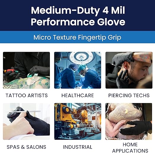 Adenna Night Angel Disposable Nitrile Gloves – 4 Mil, Powder Free Rubber Glove for Tattoo & Medical Use, Latex-Free, Tactile Sensitivity with Textured Grip, Case of 1000, X-Small, Black
