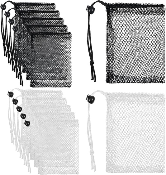 10 Pcs Small Mesh Bags Drawstring, Mini Mesh Storage Bags Nylon Small Drawstring Bag with Cord Lock, Mini Net Bag for Travel Stuff Organizing, 6 x 4 Inch (Black, White)