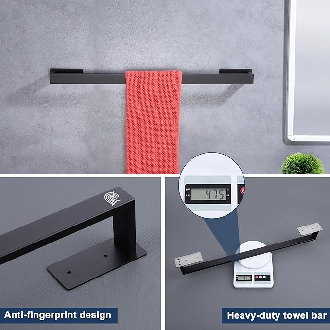 LANC Matte Black Bath Towel Rack 20-Inche Self-Adhesive Bathroom Towel Bar for Wall Mounted and No Drilling Towel Rod, Sticky on Kitchen Bathroom Towel Holder 304 Stainless Steel, A8310MB-L5