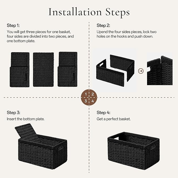 joybest Black Wicker Baskets, 13.4L x 8.3W x 7.1H inch Woven Paper Rope Storage Baskets for Organizing, Foldable Rectangular Bin with Handles for Pantry, 2-pack