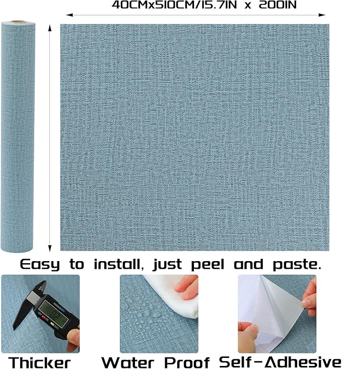 Peel and Stick Wallpaper Blue Grass Cloth Wall Paper - 15.7 x 200 Inch Self Adhesive Wallpaper Peel and Stick, Easy to Paste Wall Contact Paper for Stand Liner, Table and Door Makeover Decor