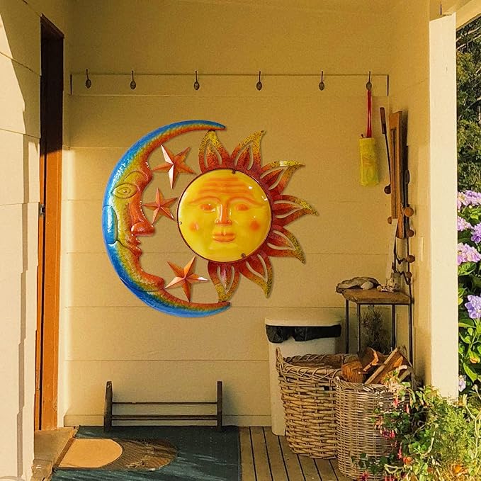 Metal Larger Size 32 Inch Sun Outdoor Wall Art Decor with Moon & Stars,Hanging for Indoor Outdoor Patio Garden Fence Deck Yard Pool Wall Sculpture Decoration for Living Room Bedroom