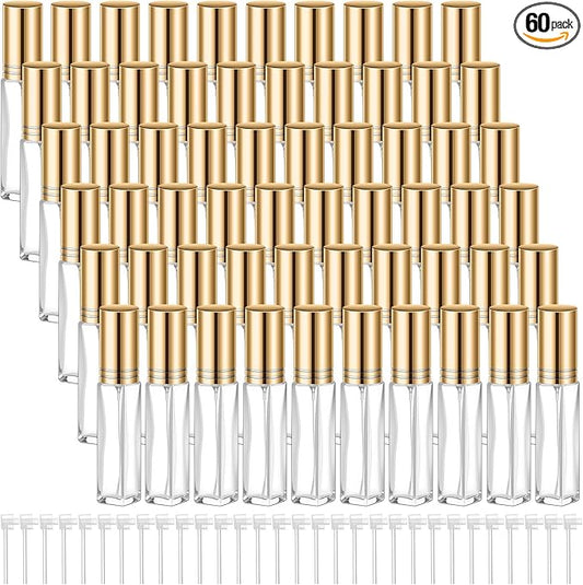 Domensi 60 Pcs 10/20/30 ml Perfume Travel Refillable Bottles Glass Spray Bottle Perfume Atomizer for Cologne Dispenser Leak-proof Fragrance Bottles Atomizer Pump Bottle Kit (Gold)