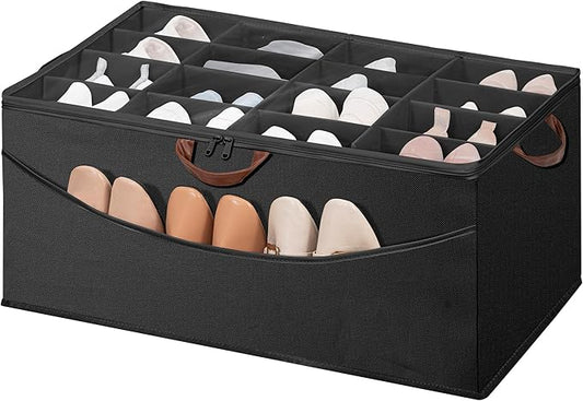 STO STO Shoe Organizer for Closet, Fits Up to 16 Pairs, XL Shoe Box Containers with Adjustable Dividers, Clear Cover Shoe Storage Bins, Stackable Space Saving Shoes Holder for Shoes and Boots, Black